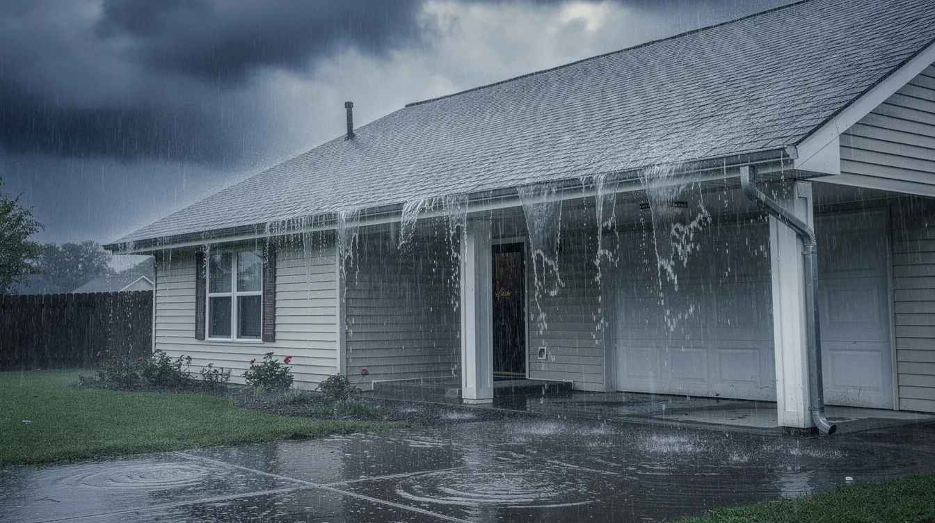 The image depicts a house during a rainstorm, with water cascading over the gutters, illustrating the importance of proper drainage to prevent water damage. The scene emphasizes the need for regular gutter inspections and maintenance to protect the property and ensure customer satisfaction.