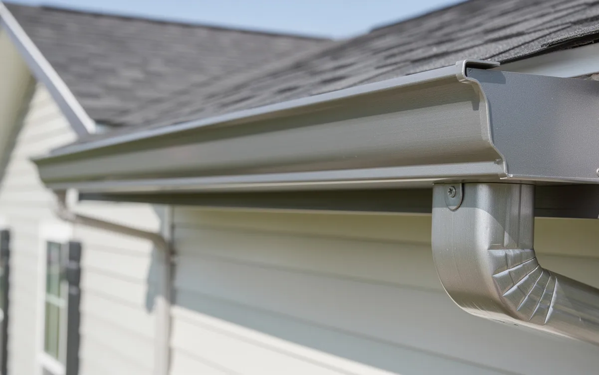 A close-up view of seamless aluminum gutters is shown mounted along the roofline of a single-story home, designed to protect the property from water damage and ensure proper drainage. This installation reflects the excellence and quality of services provided by gutter contractors in Inman, SC.