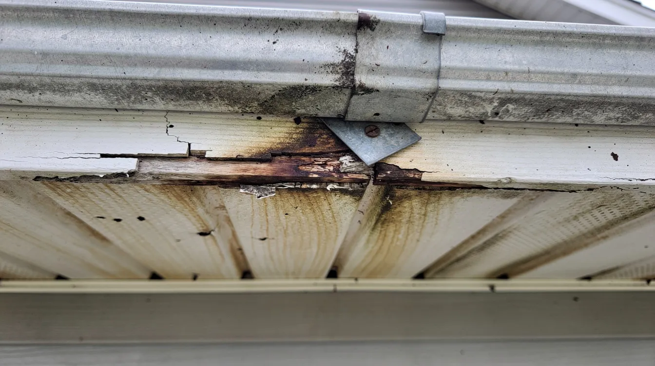 The image shows visible water damage on a home's fascia board and soffit, particularly near the gutter line, indicating a potential issue that may require repair services to protect the property. This damage highlights the importance of regular inspection to ensure the roof and gutters are functioning properly.